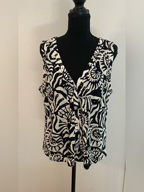 Nicole Miller Linen Black Cream Sleeveless Print Button Blend Cropped Top L